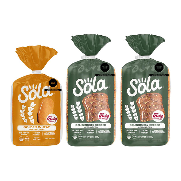 pack de panes keto de sola, pan de caja multigrano y para hotdog